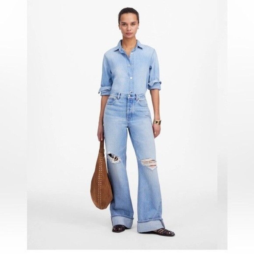 NWT Madewell Low Slung Baggy Wide Leg Light Blue Wash Cuffed Jeans 27 (32x31)